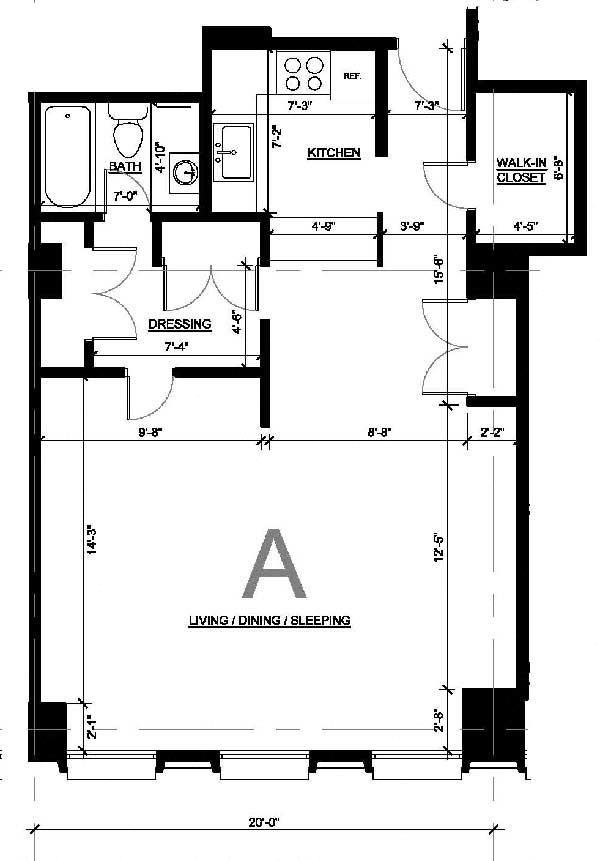 Floor plan for studio, 620 sqft