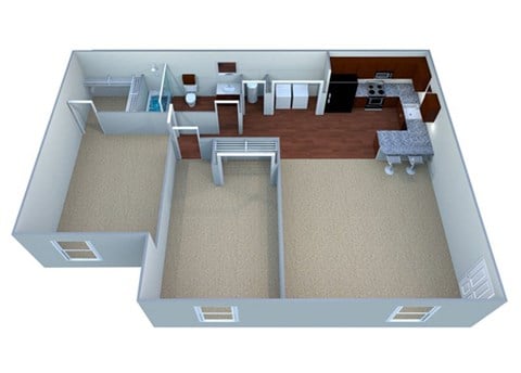 Floor plan for 2 beds, 1 bath, 889 sqft