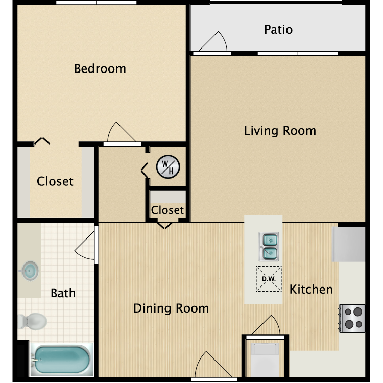Floor plan for 1 bed, 1 bath, 858 sqft