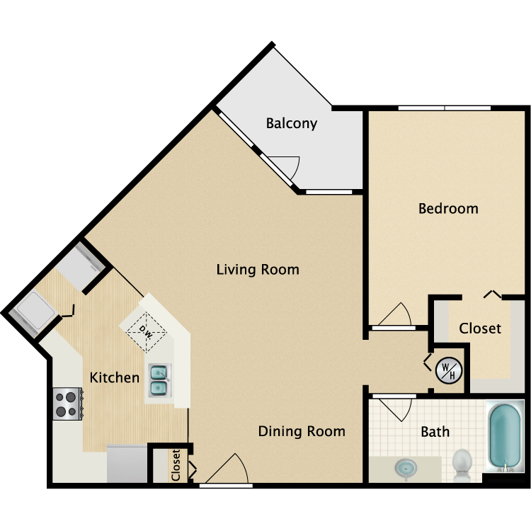Floor plan for 1 bed, 1 bath, 858 sqft