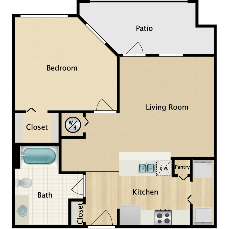 Floor plan for 1 bed, 1 bath, 730 sqft