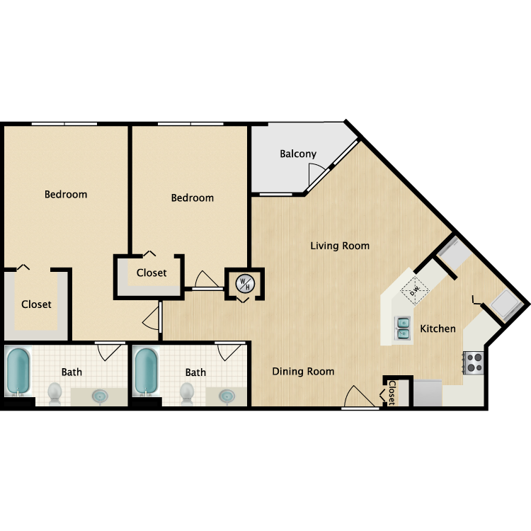 Floor plan for 2 beds, 2 baths, 1132 sqft