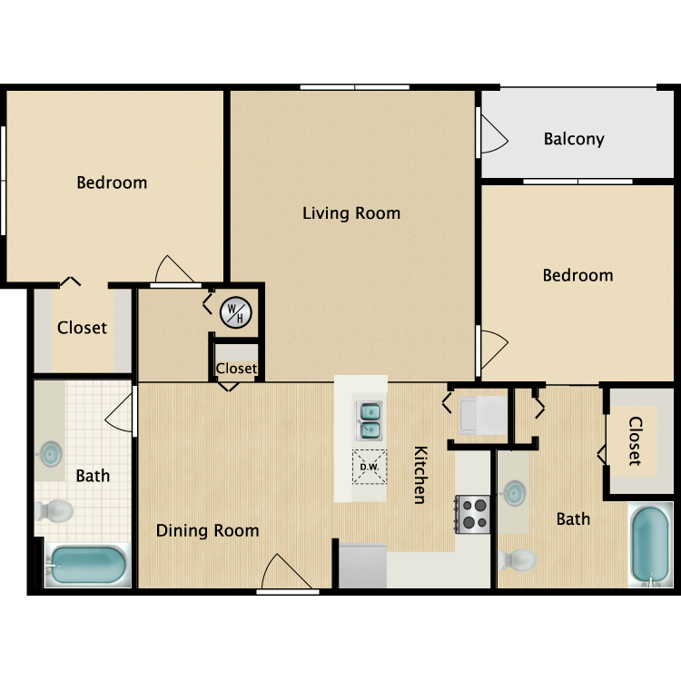 Floor plan for 2 beds, 2 baths, 1216 sqft