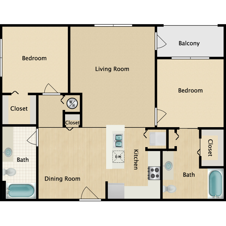 Floor plan for 2 beds, 2 baths, 1132 sqft