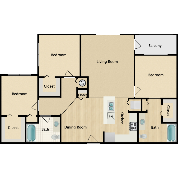 Floor plan for 3 beds, 2 baths, 1450 sqft