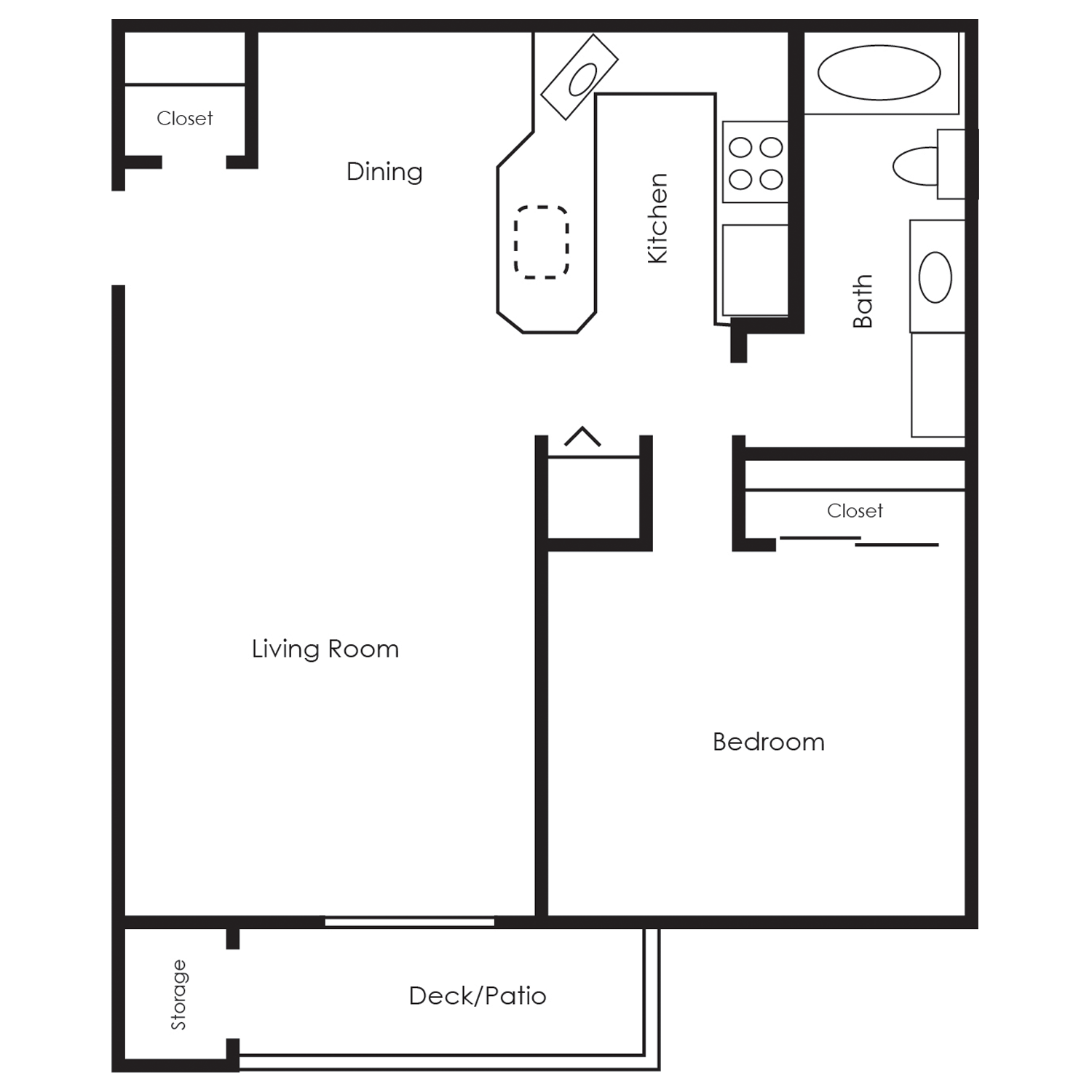 Floor plan for 1 bed, 1 bath, 676 sqft
