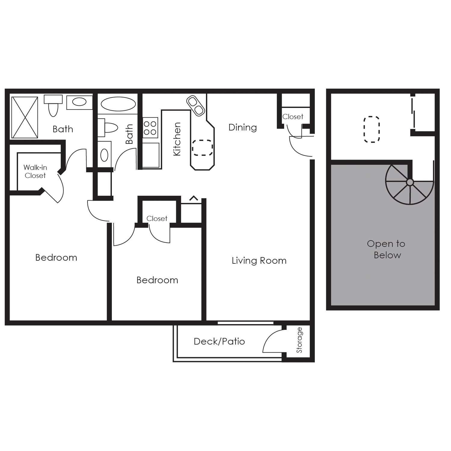 Floor plan for 2 beds, 2 baths, 1038 sqft