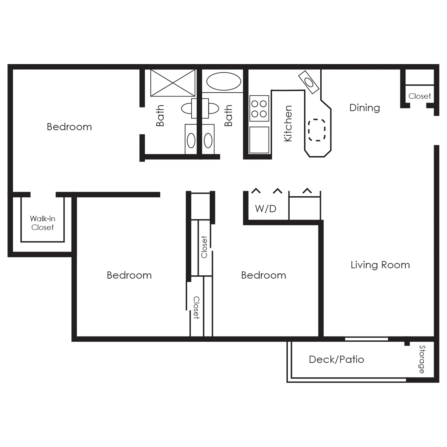 Floor plan for 3 beds, 2 baths, 1116 sqft