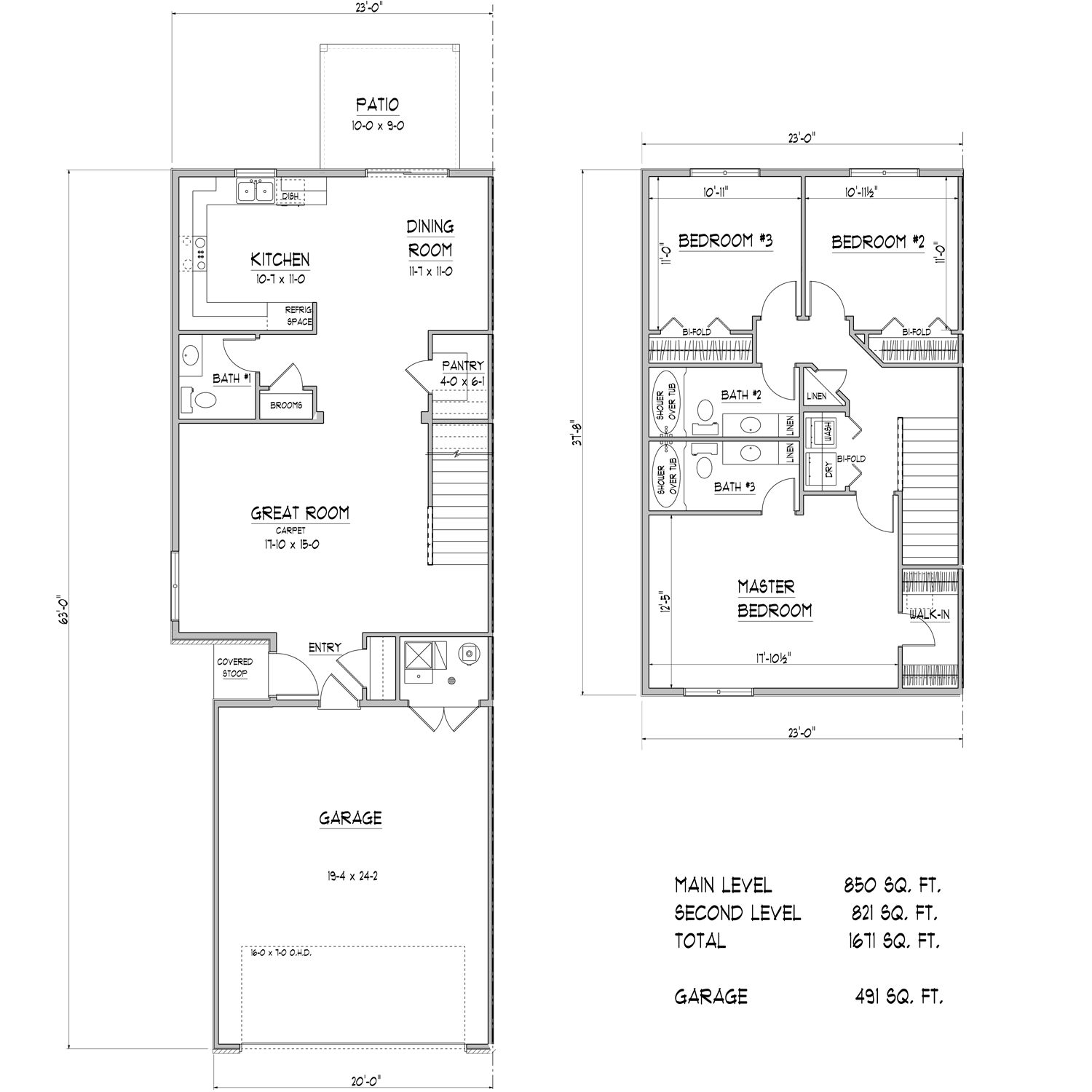 Floor plan for 3 beds, 2.5 baths, 1671 sqft