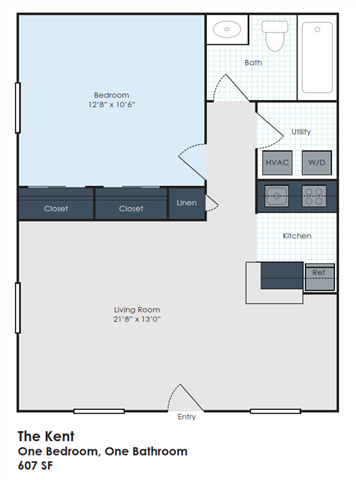 Floor plan for 1 bed, 1 bath, 607 sqft