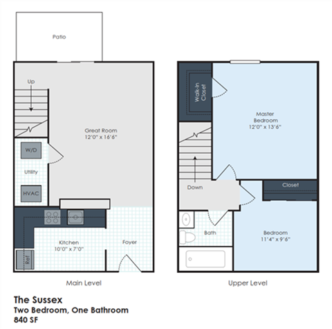 Floor plan for 2 beds, 1 bath, 840 sqft
