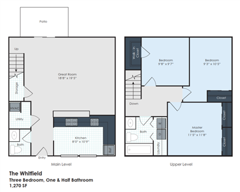 Floor plan for 3 beds, 1.5 baths, 1270 sqft
