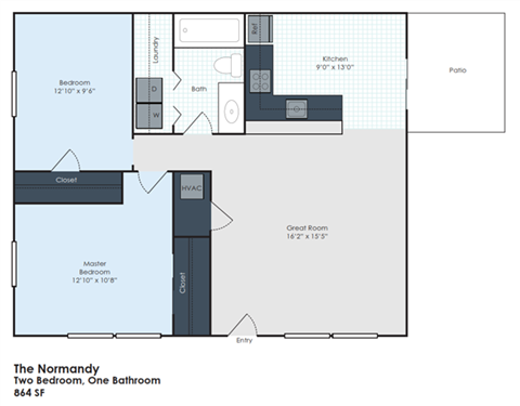 Floor plan for 2 beds, 1 bath, 864 sqft