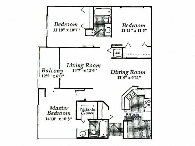Floor plan for 3 beds, 2 baths, 1319 sqft