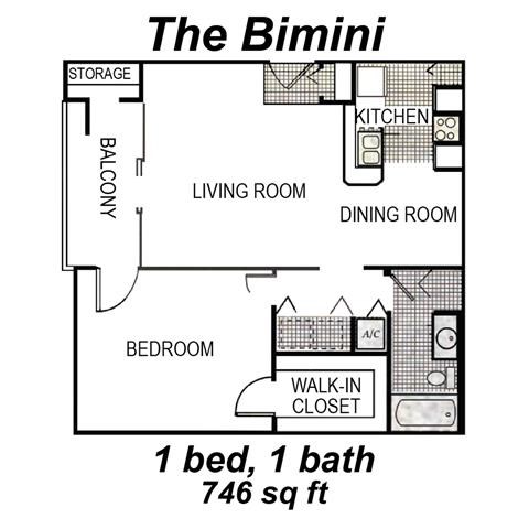 Floor plan for 1 bed, 1 bath, 746 sqft