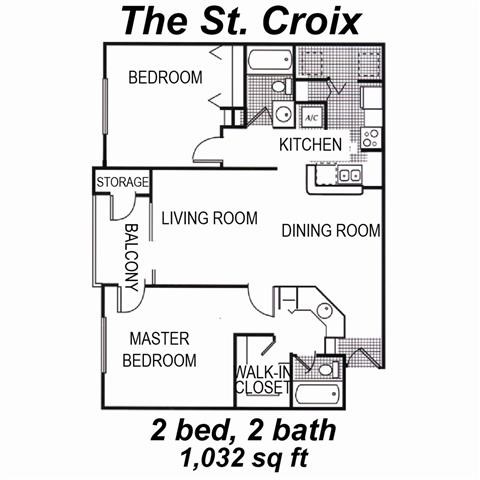 Floor plan for 2 beds, 2 baths, 1032 sqft