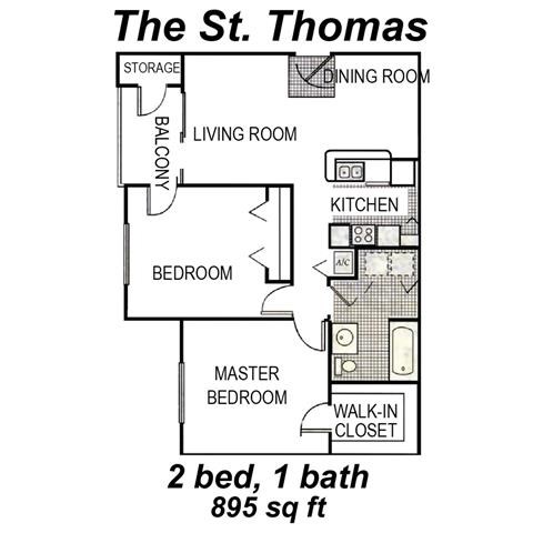 Floor plan for 2 beds, 1 bath, 895 sqft