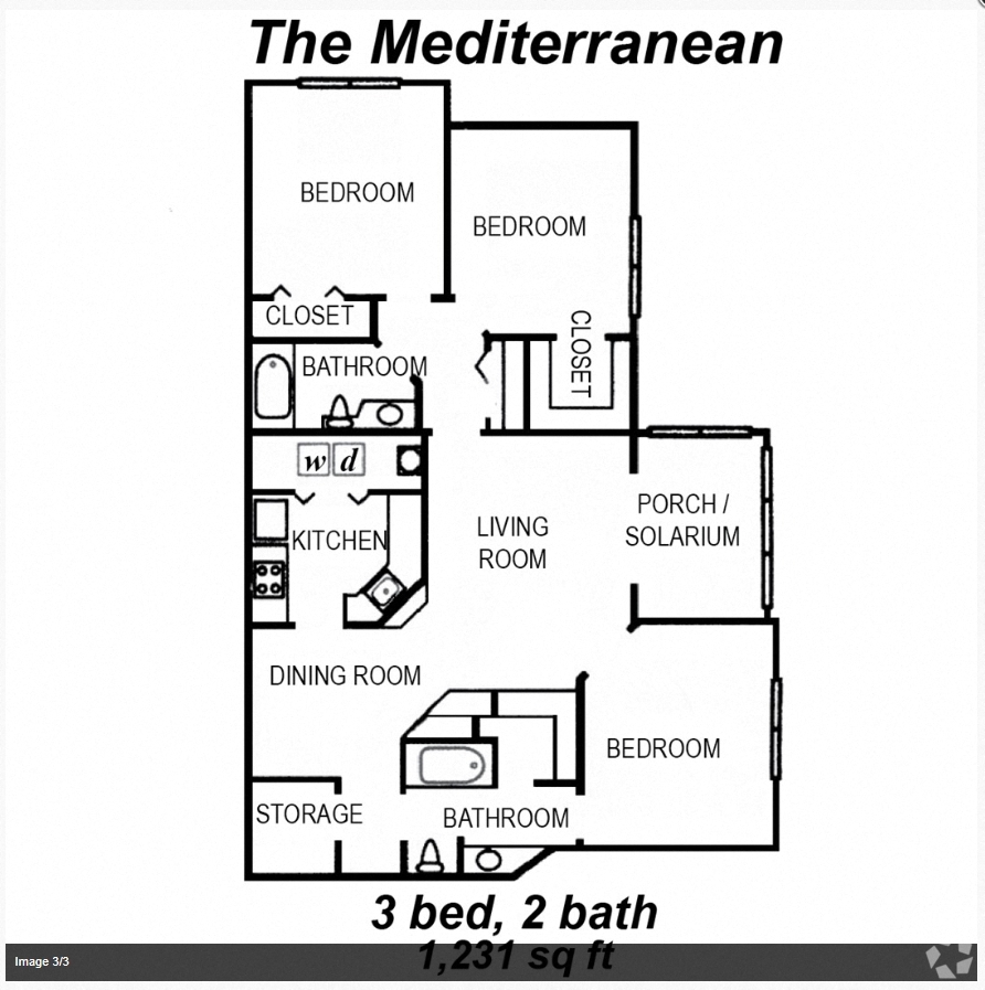 Floor plan for 3 beds, 2 baths, 1250 sqft