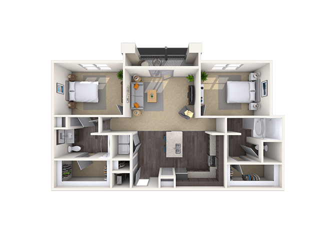 Floor plan for 2 beds, 2 baths, 1051 sqft