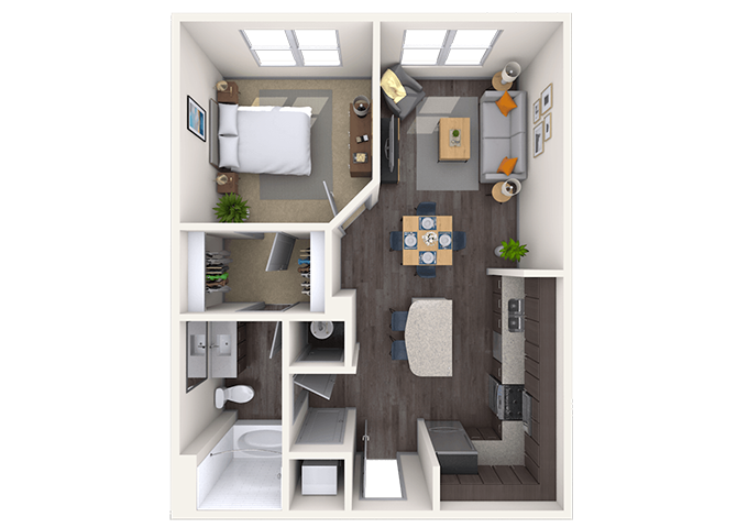 Floor plan for 1 bed, 1 bath, 682 sqft