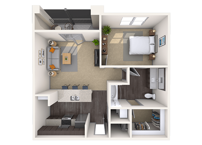 Floor plan for 1 bed, 1 bath, 618 sqft