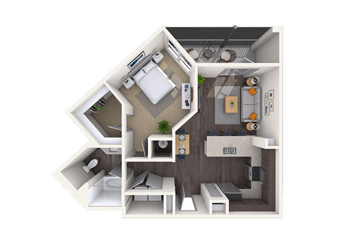 Floor plan for 1 bed, 1 bath, 725 sqft