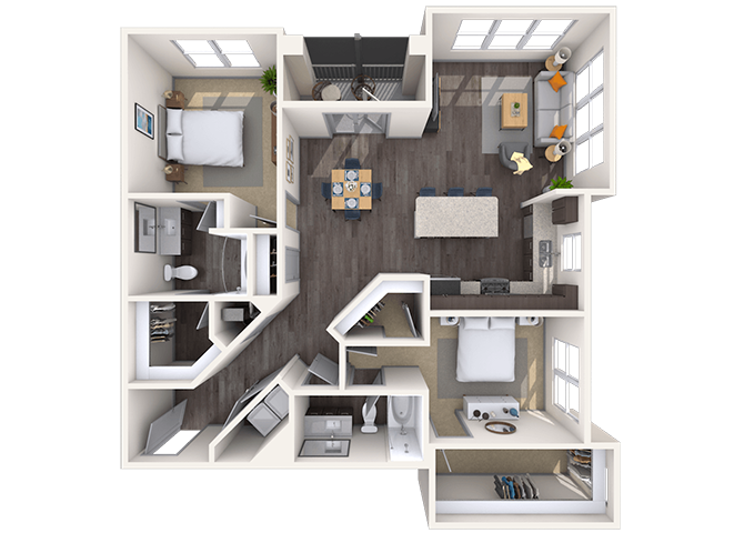 Floor plan for 2 beds, 2 baths, 1375 sqft