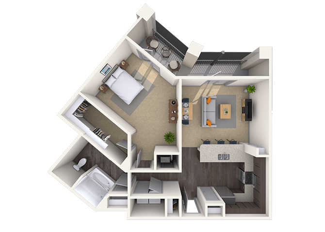 Floor plan for 1 bed, 1 bath, 838 sqft
