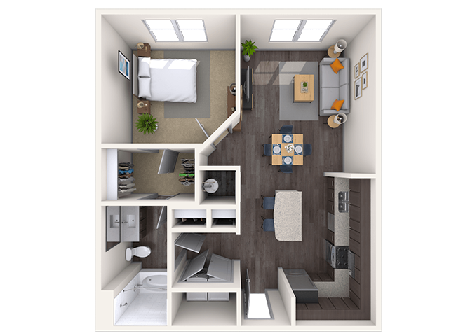 Floor plan for 1 bed, 1 bath, 735 sqft