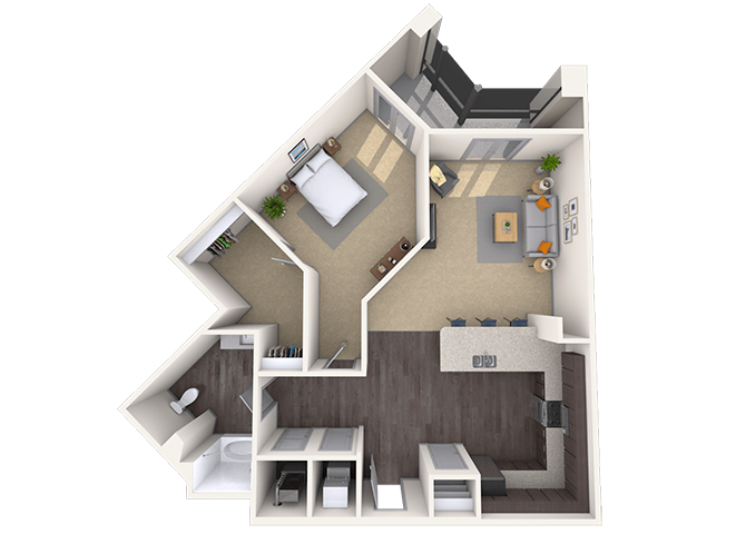 Floor plan for 1 bed, 1 bath, 733 sqft