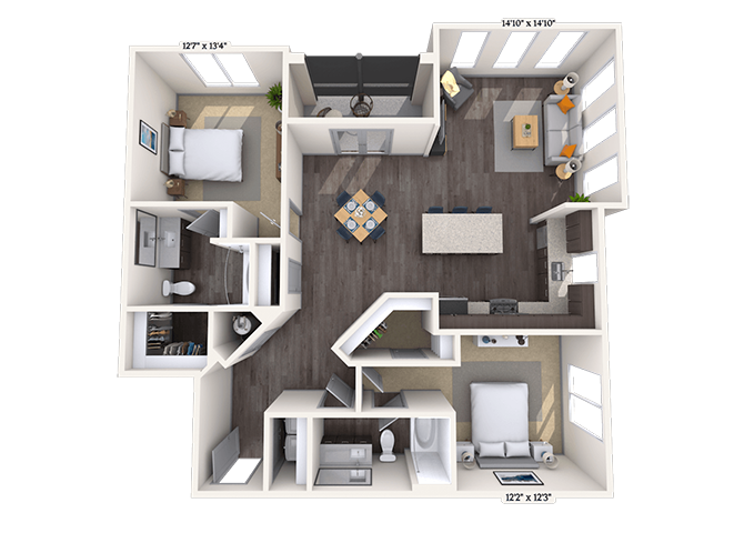 Floor plan for 2 beds, 2 baths, 1263 sqft