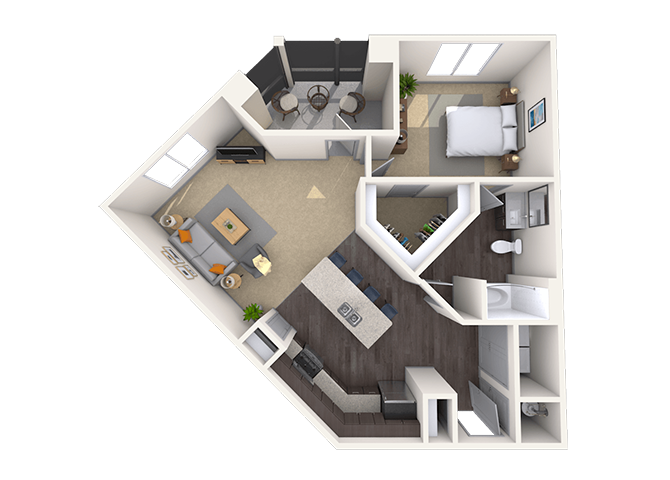 Floor plan for 1 bed, 1 bath, 864 sqft
