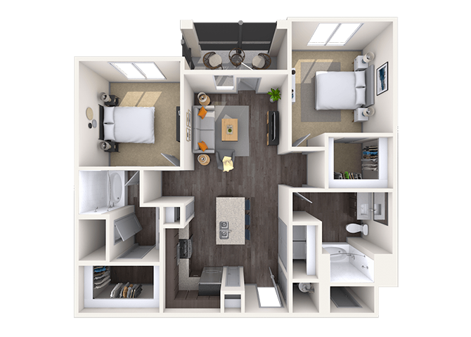 Floor plan for 2 beds, 2 baths, 1049 sqft