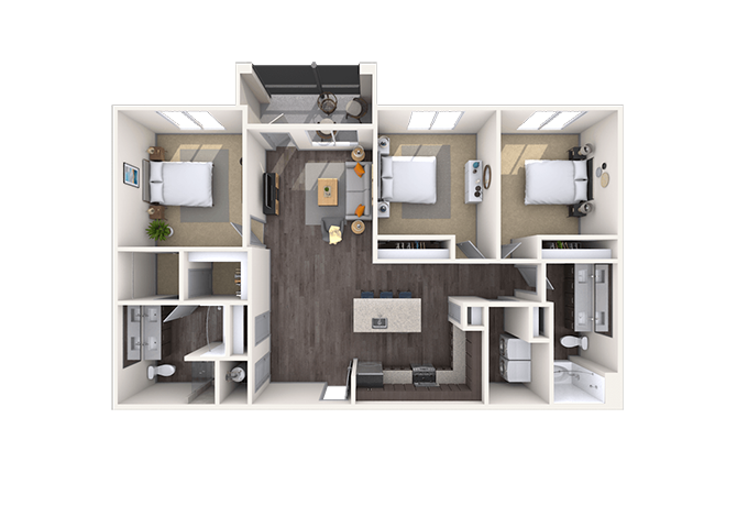 Floor plan for 3 beds, 2 baths, 1392 sqft