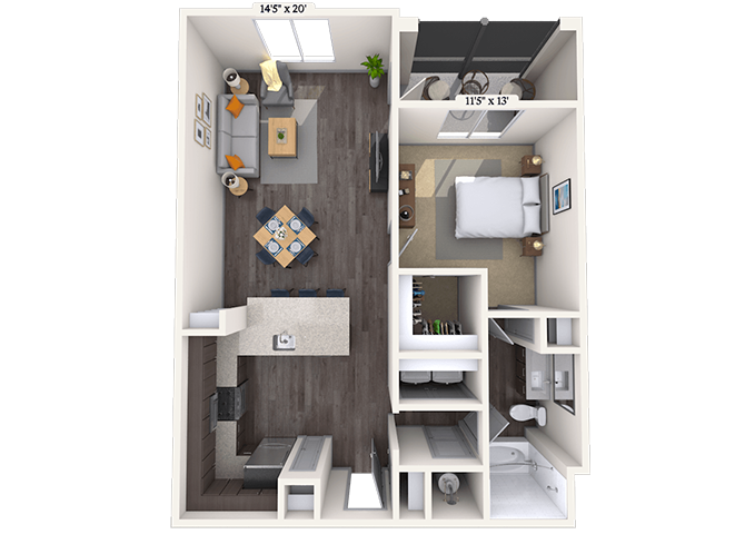 Floor plan for 1 bed, 1 bath, 809 sqft