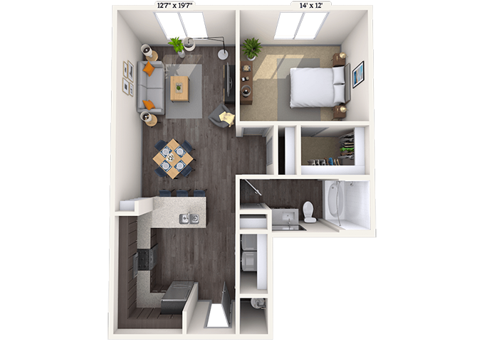 Floor plan for 1 bed, 1 bath, 784 sqft