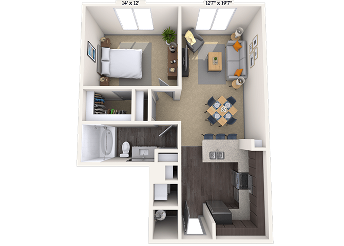 Floor plan for 1 bed, 1 bath, 774 sqft
