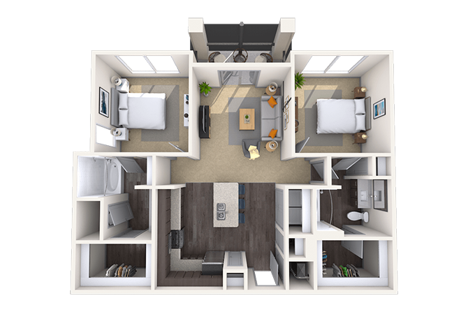 Floor plan for 2 beds, 2 baths, 1075 sqft