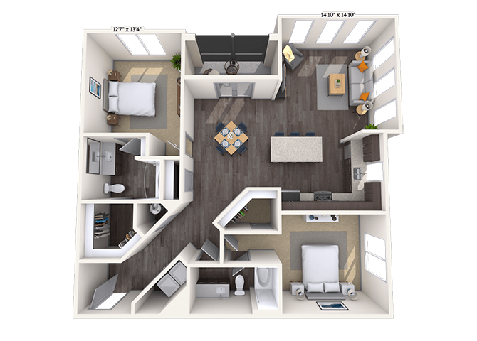 Floor plan for 2 beds, 2 baths, 1296 sqft