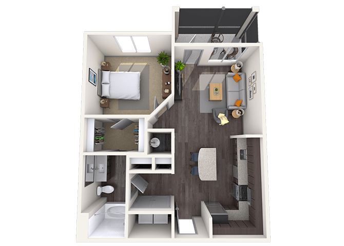 Floor plan for 1 bed, 1 bath, 713 sqft