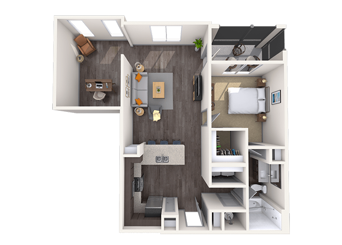 Floor plan for 1 bed, 1 bath, 967 sqft