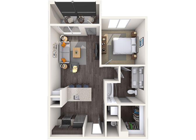 Floor plan for 1 bed, 1 bath, 656 sqft