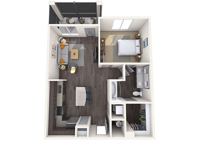 Floor plan for 1 bed, 1 bath, 700 sqft