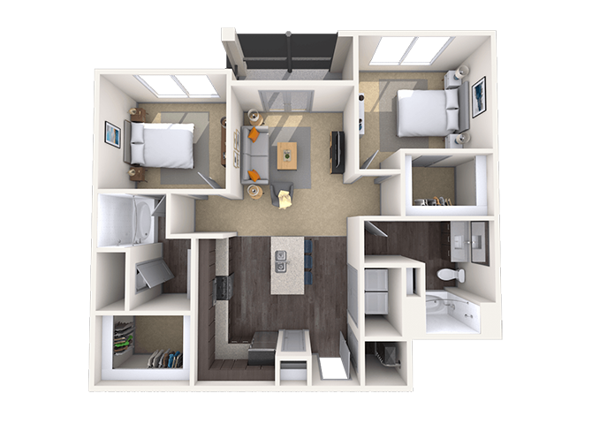 Floor plan for 2 beds, 2 baths, 1076 sqft