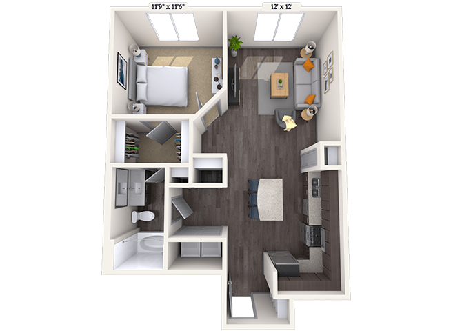Floor plan for 1 bed, 1 bath, 788 sqft