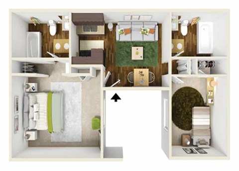Floor plan for 2 beds, 2 baths, 980 sqft