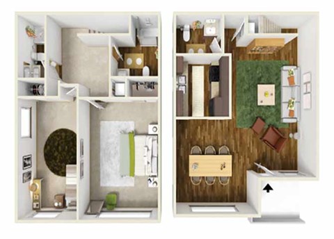 Floor plan for 2 beds, 2.5 baths, 1004 sqft