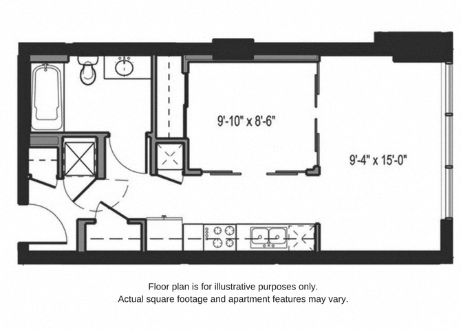 Floor plan for studio, 1 bath, 537 sqft