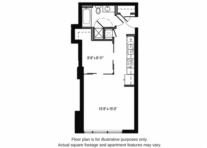 Floor plan for studio, 1 bath, 545 sqft
