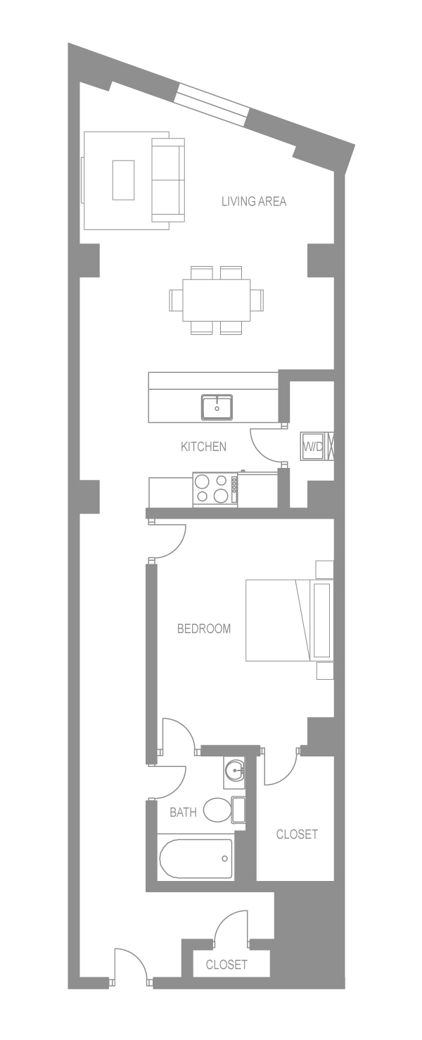 Floor plan for 1 bed, 1 bath, 726 sqft